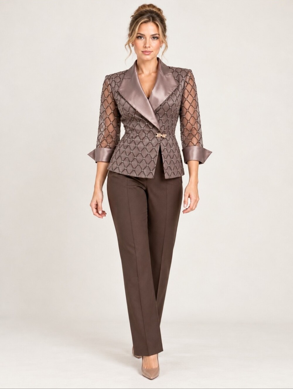 Belisma Bronze Diamond Beaded Jacket | Satin Collar & Cuffs | Rhinestone